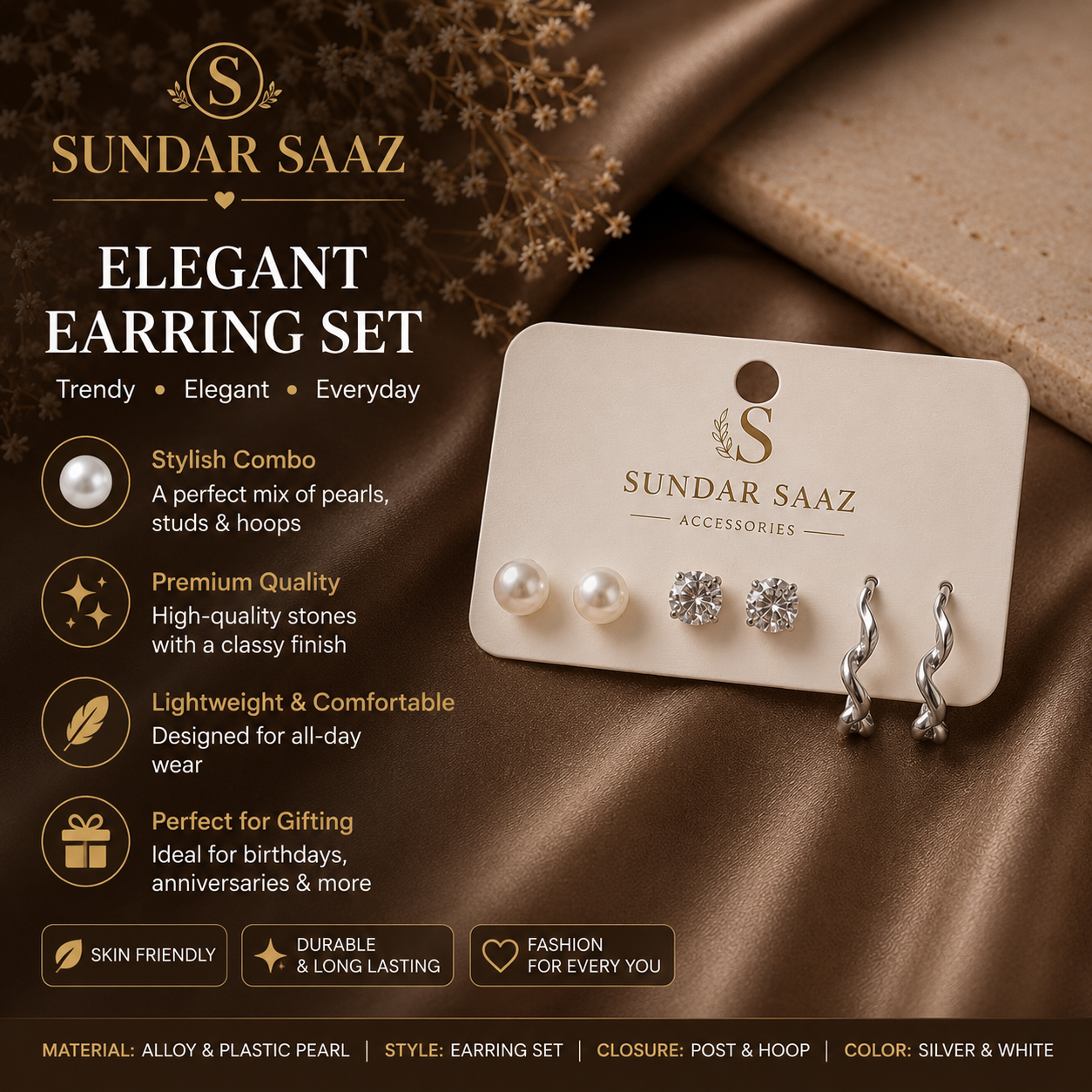 Silver Hoop & Pearl Stud Earring Combo Set for Women & Girls
